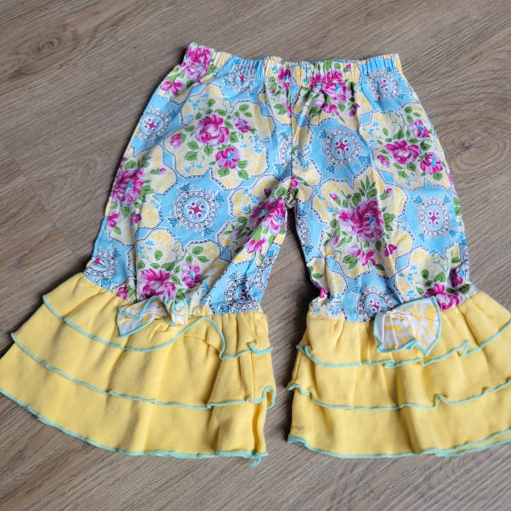 Ann Loren Girls Bell Bottom Pants 2/3T Blue Yellow Floral Cotton Boutique Boho